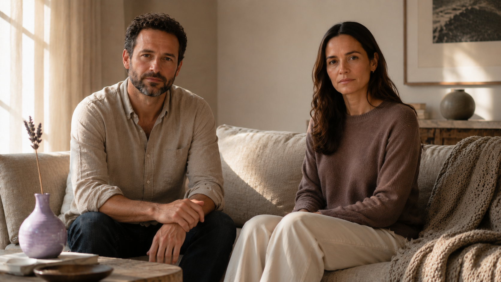 A couple at the moment of admitting they need help — tension in the room, decision made