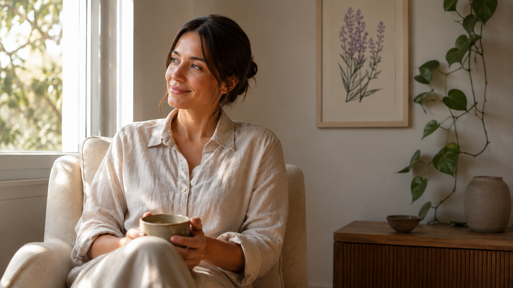 A woman smiling again after counselling sessions — relief visible on her face
