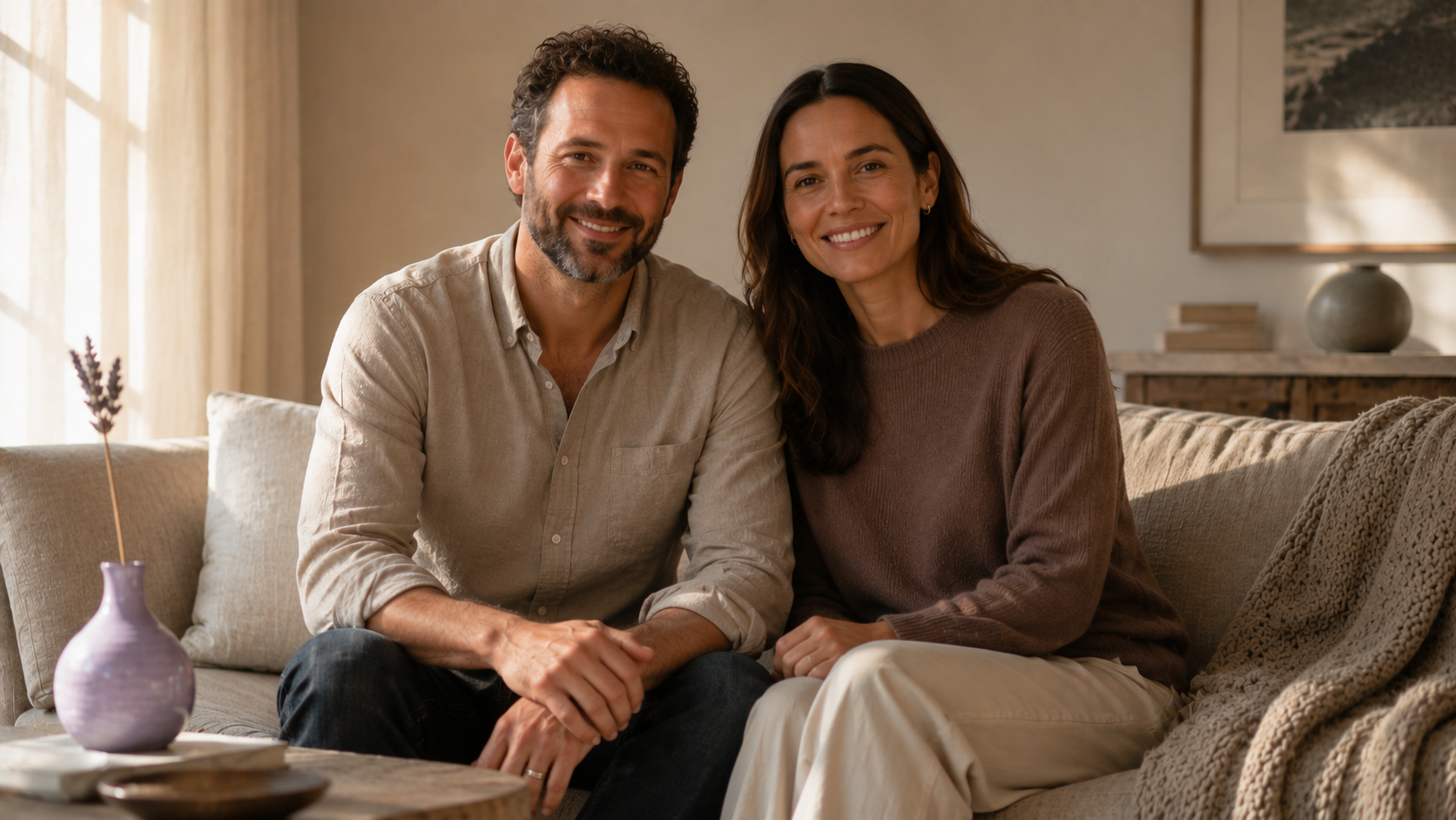 A couple smiling, close to each other again — the shift visible