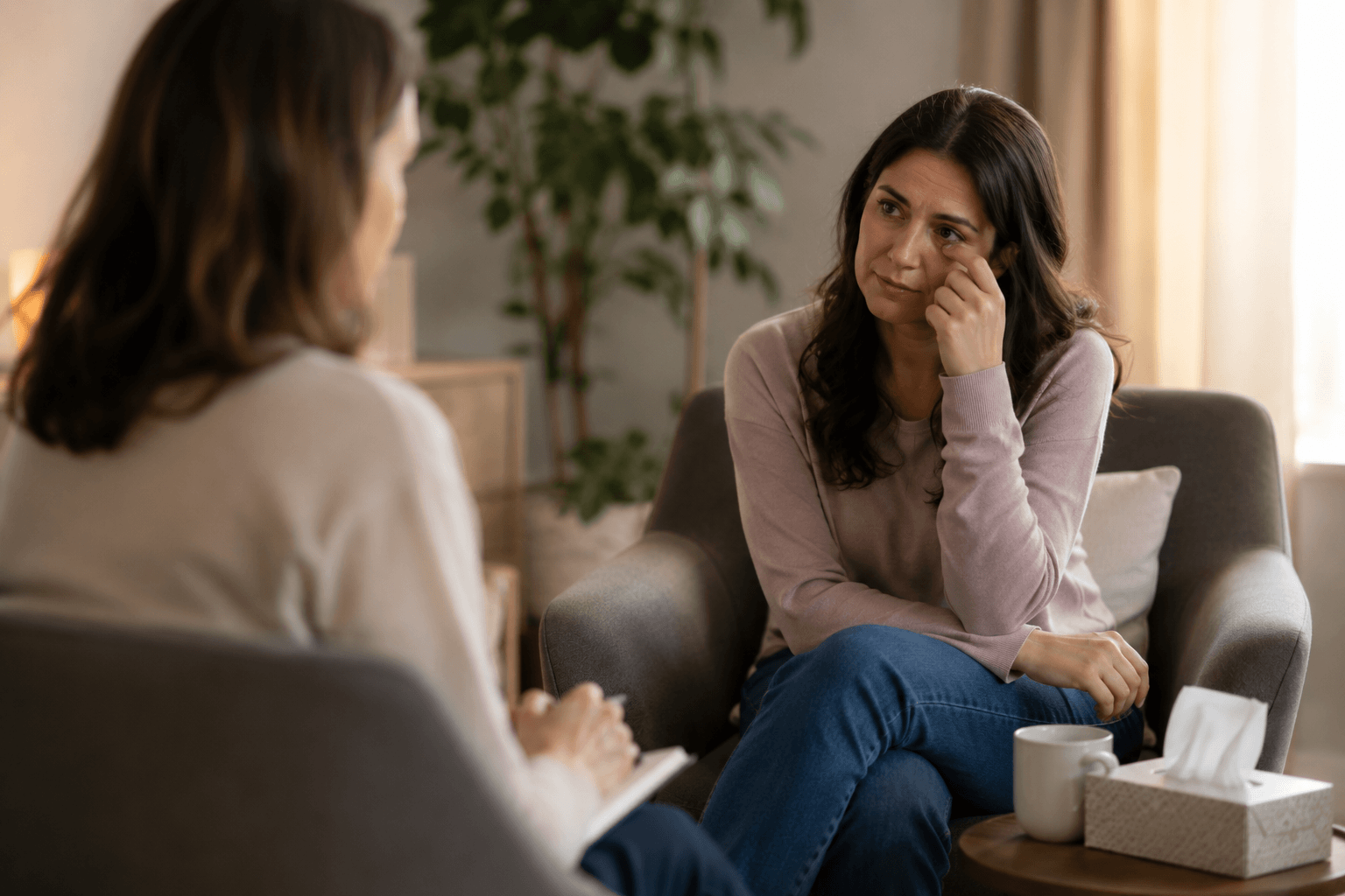 A counselling session where difficult emotions are being processed gently