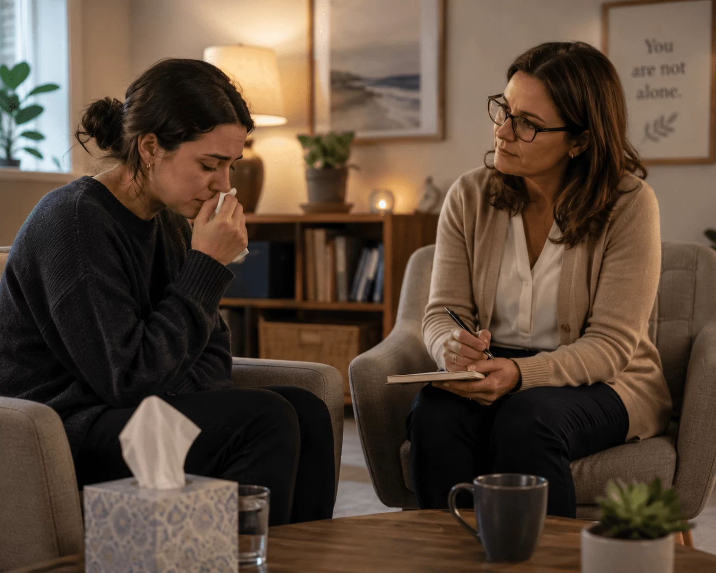A quiet first grief counselling session with space for tears or silence