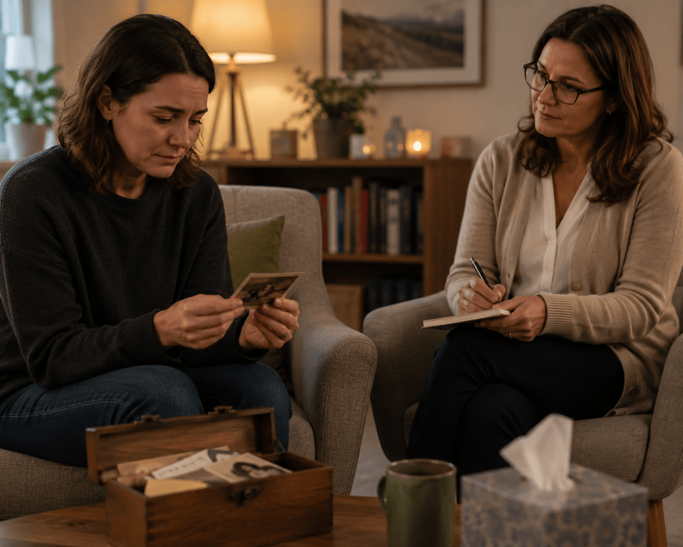 A grief counselling session exploring complicated emotions