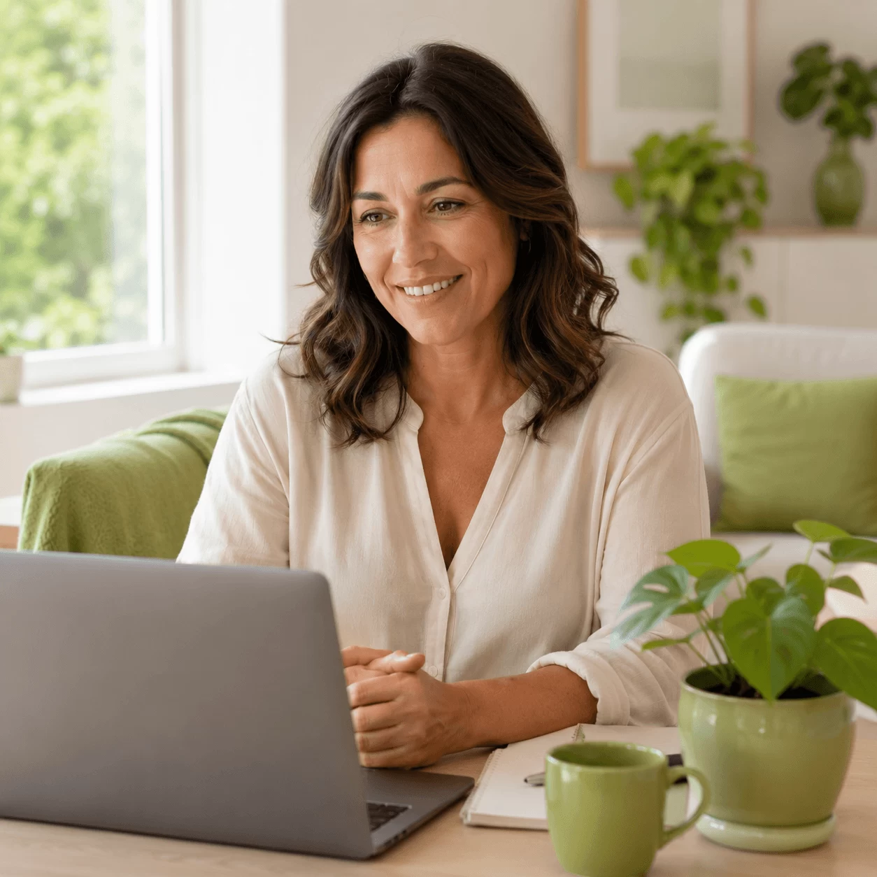 A warm counselling session held online from a bright modern home office