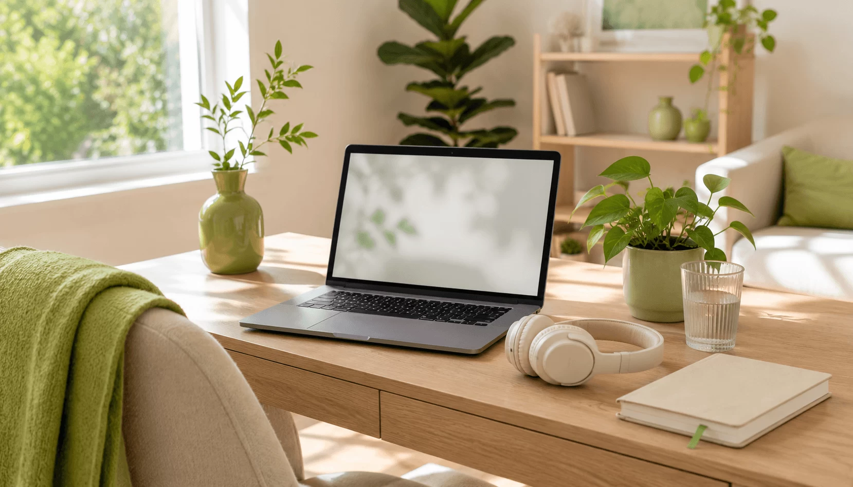 A calm home video-call setup ready for a counselling session — laptop, headphones, journal and plants in a bright modern room