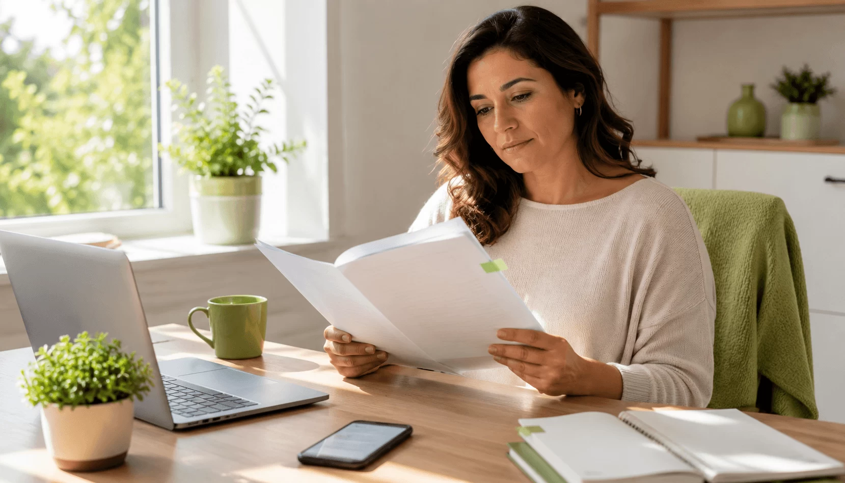 A person reviewing NDIS paperwork at a bright sunlit home desk with notes and laptop nearby