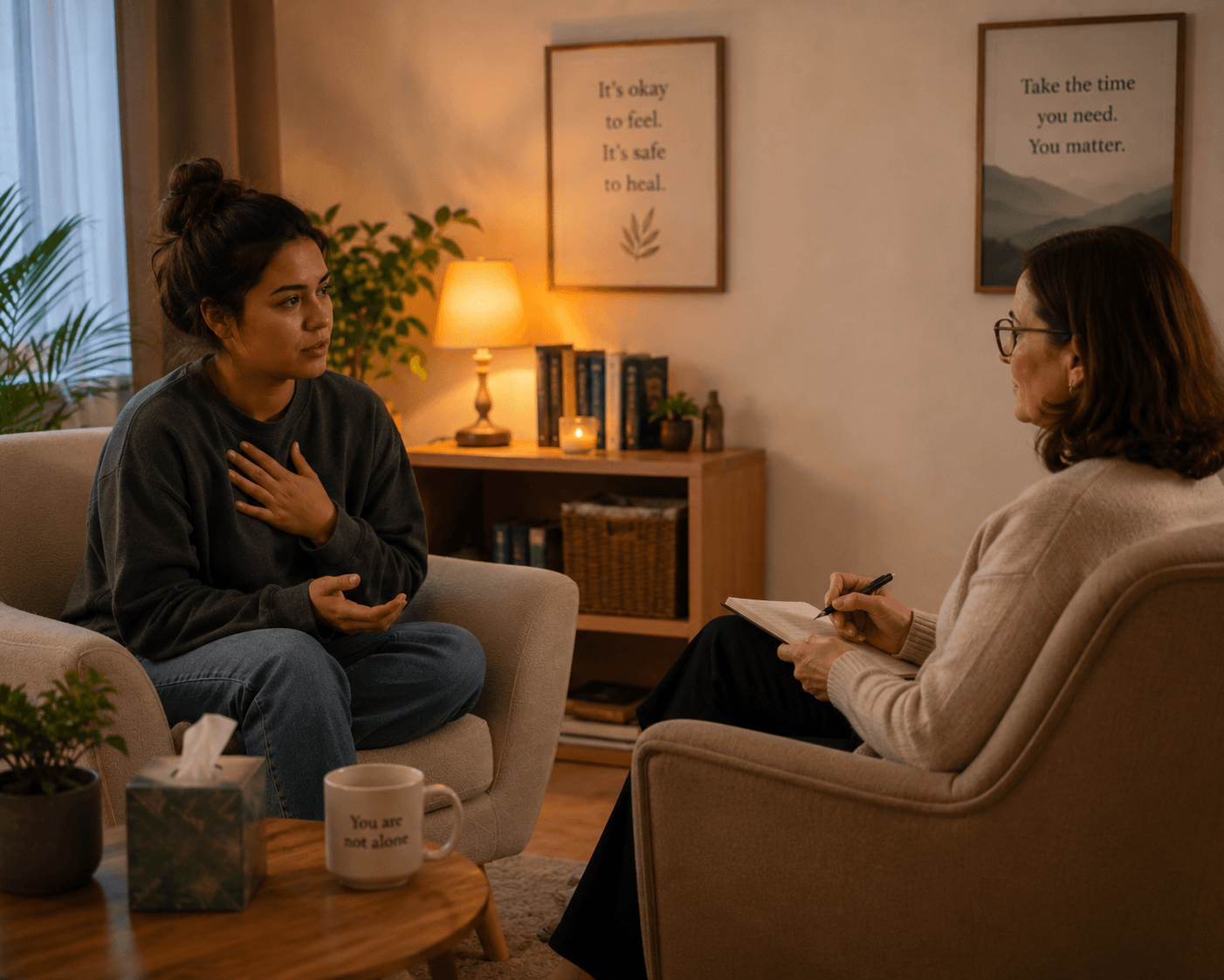 A trauma counselling session processing emotions gently