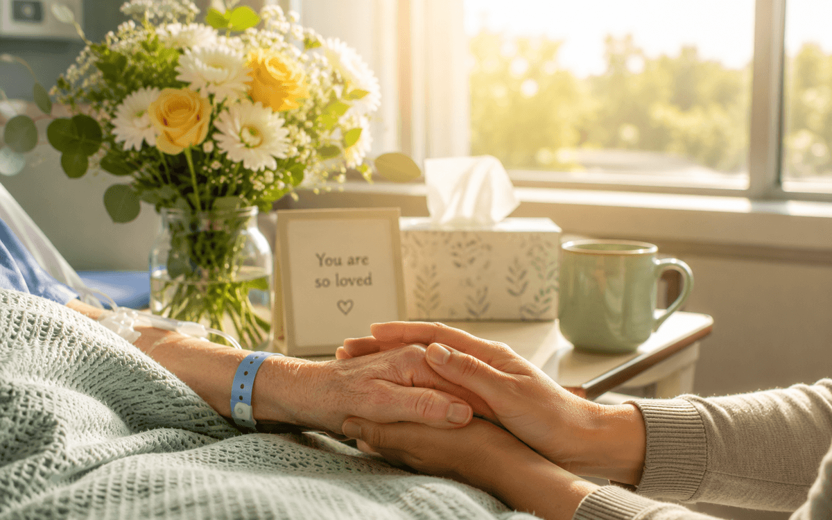 Two hands held gently at a bedside, the tenderness of anticipatory grief