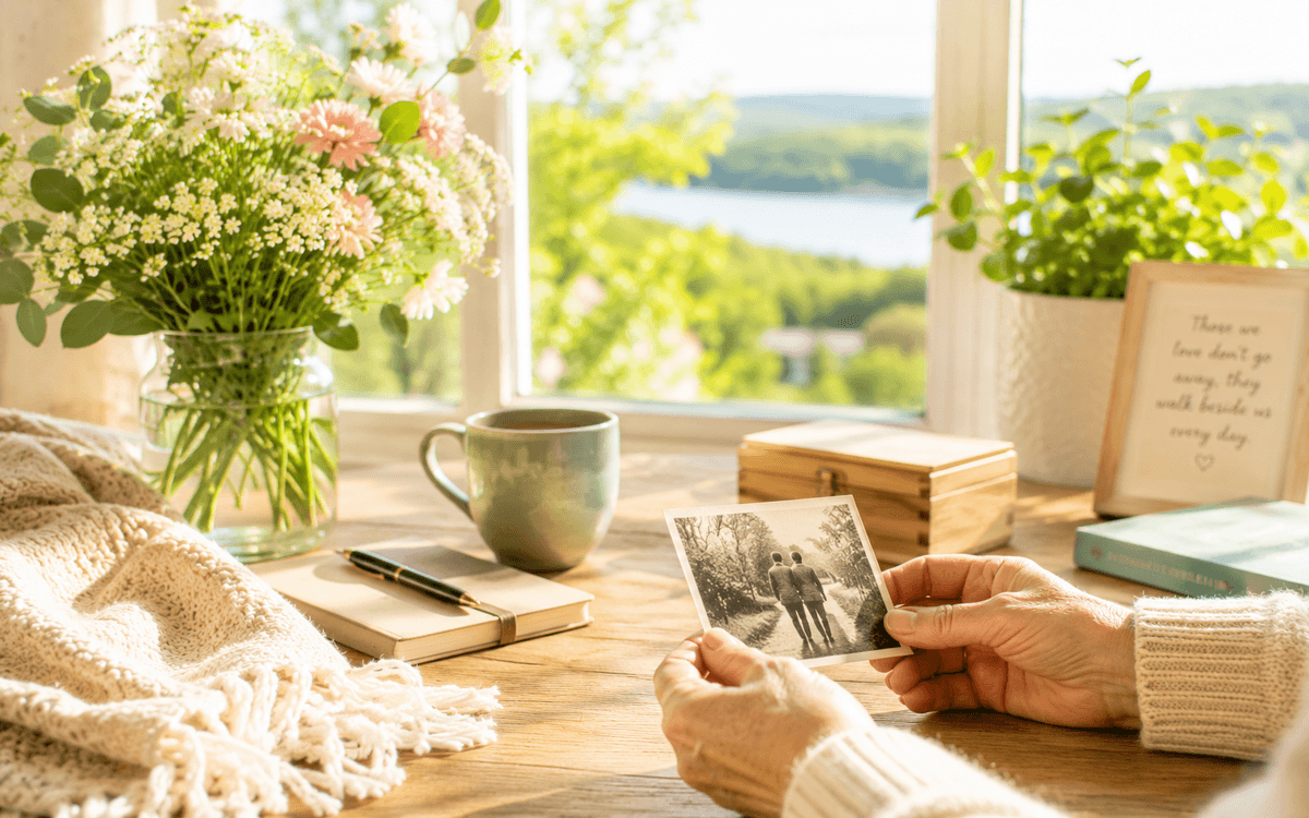 Soft natural light through a window, a quiet moment of grief after losing a parent
