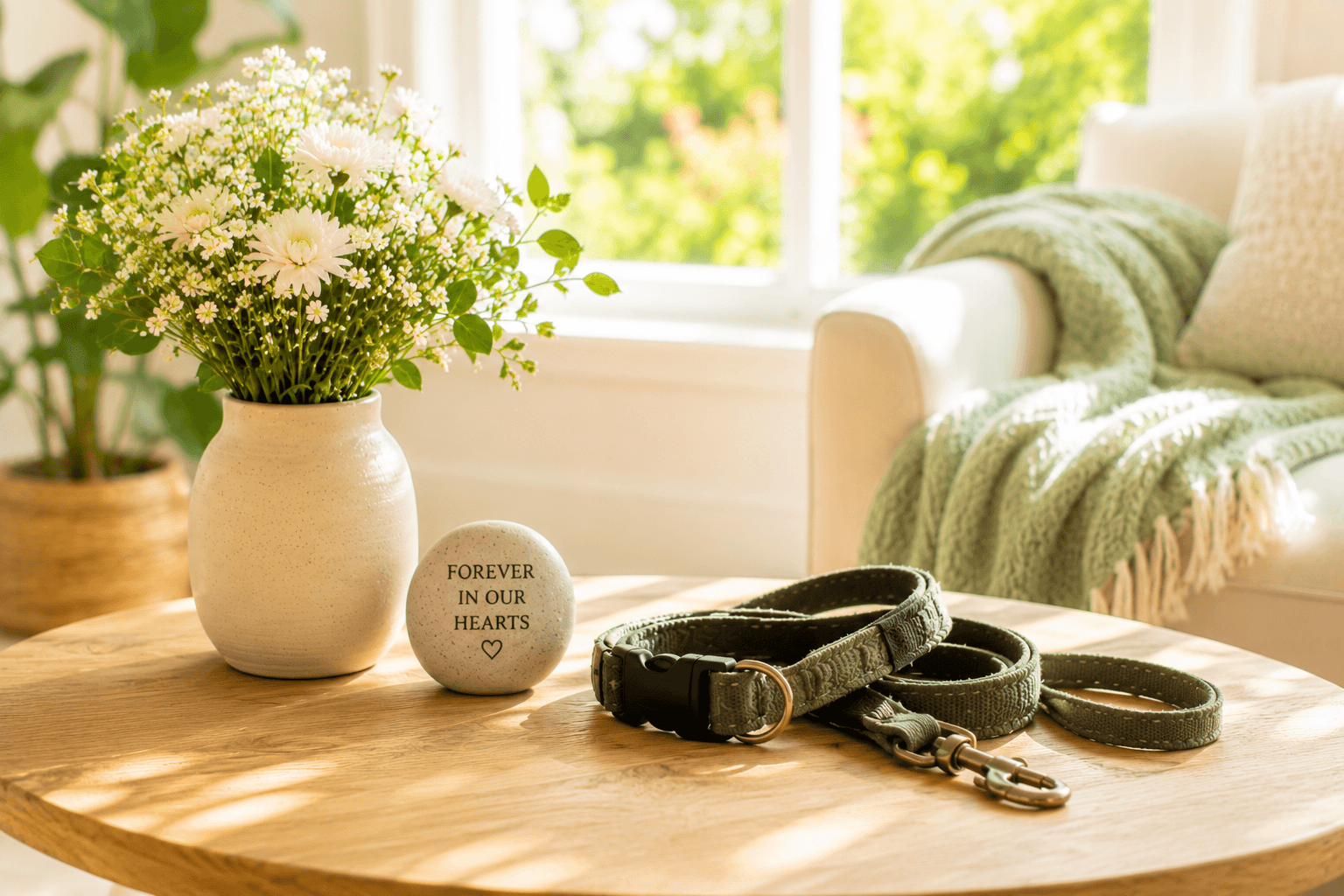 A calm, sunlit room, a gentle space to sit with the loss of a pet