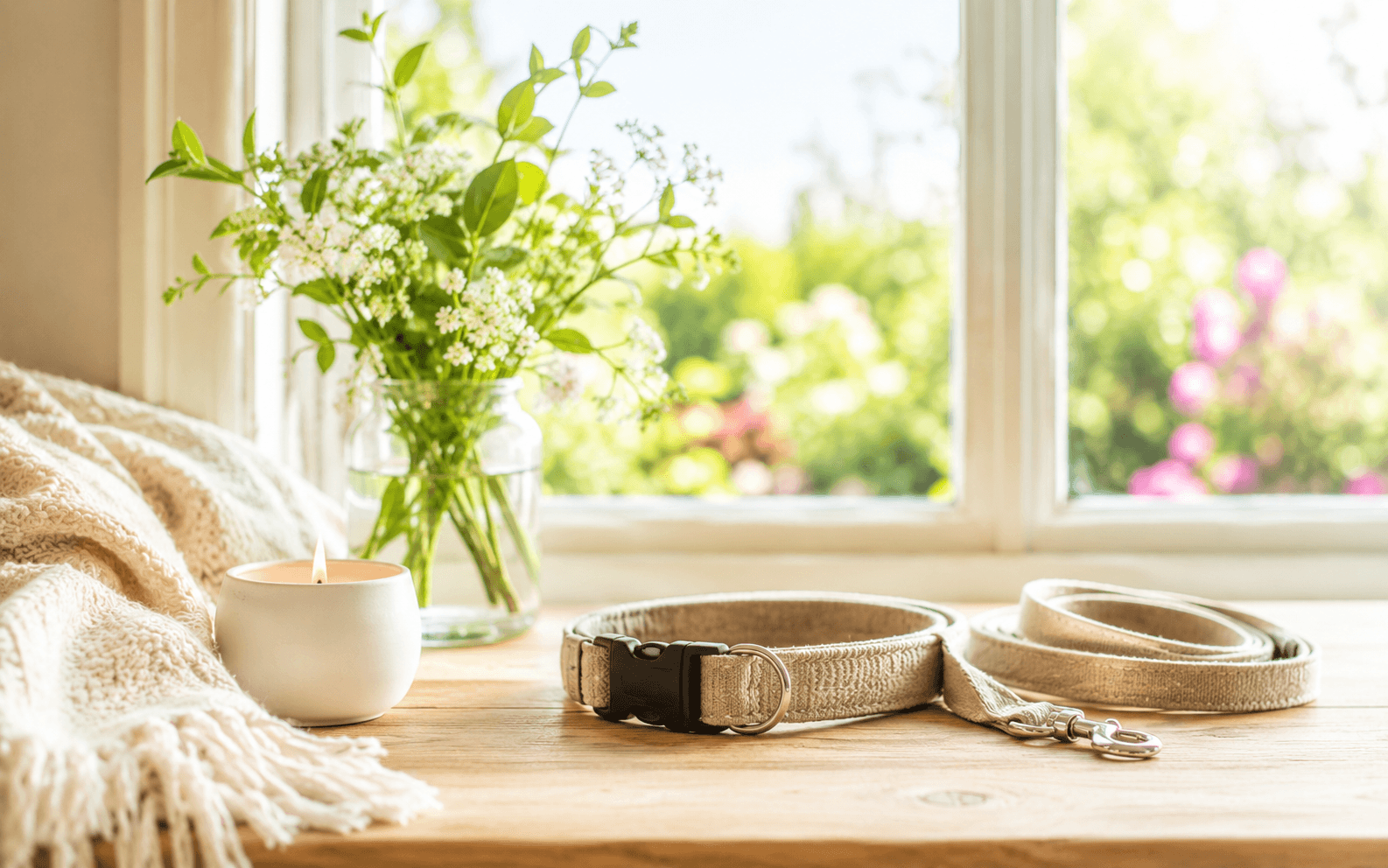 A pet collar and lead on a sunlit windowsill beside a candle and flowers